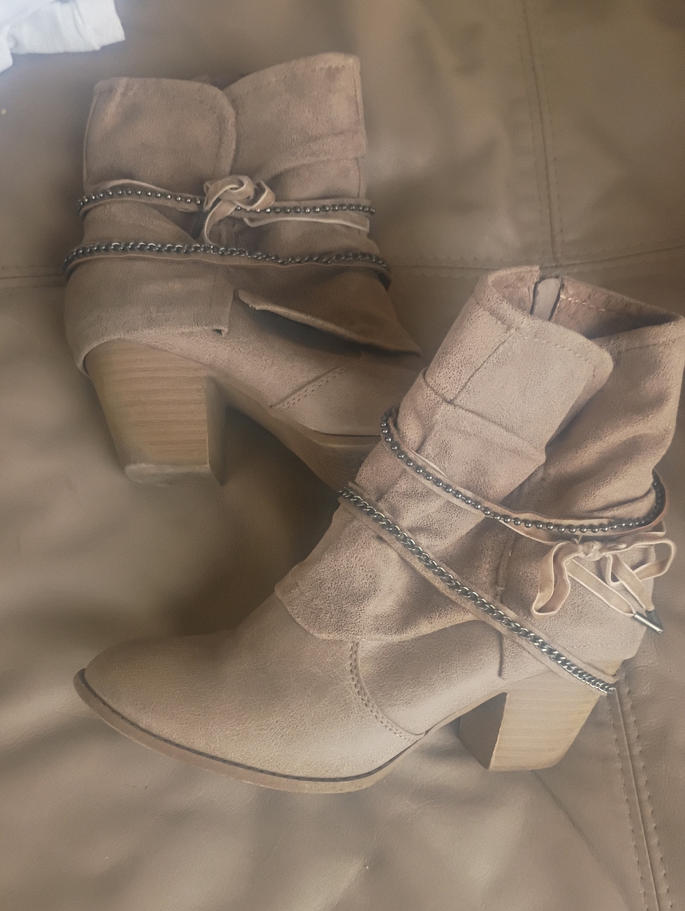 Taupe Suede Ankle Boots with Chain Accent